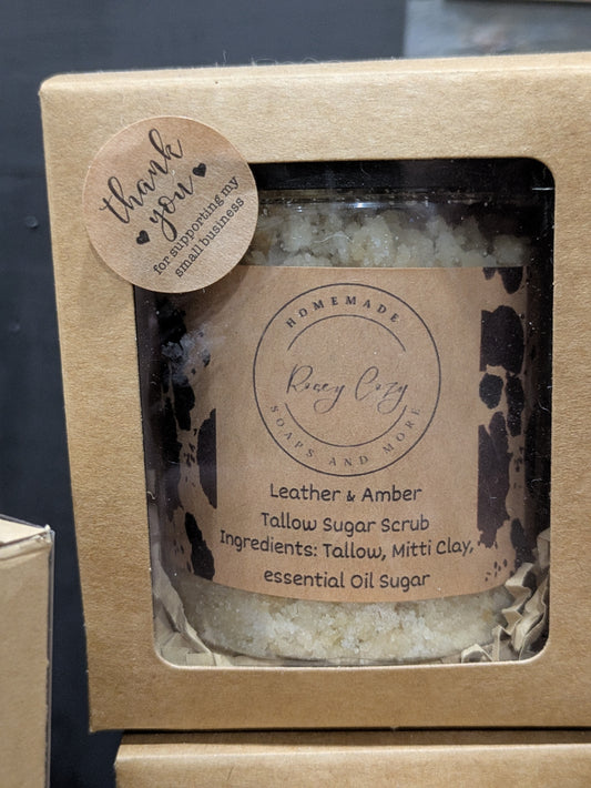 Leather & Amber Tallow Sugar Scrub 8oz jar
